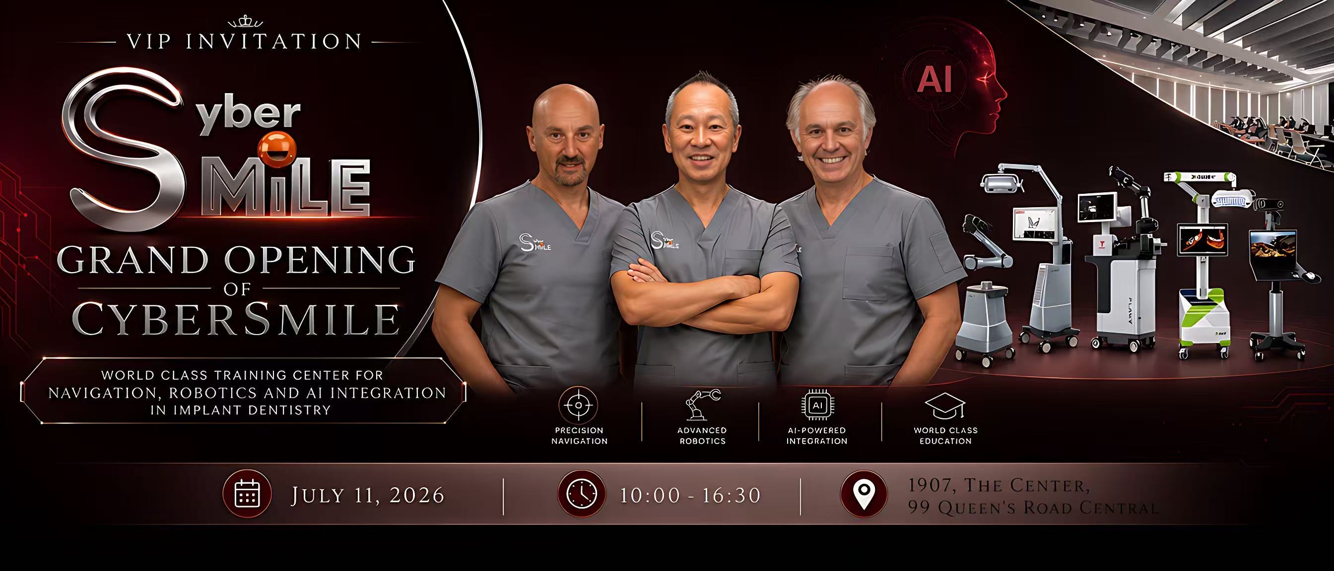 CyberSmile grand opening invitation visual with dental training equipment